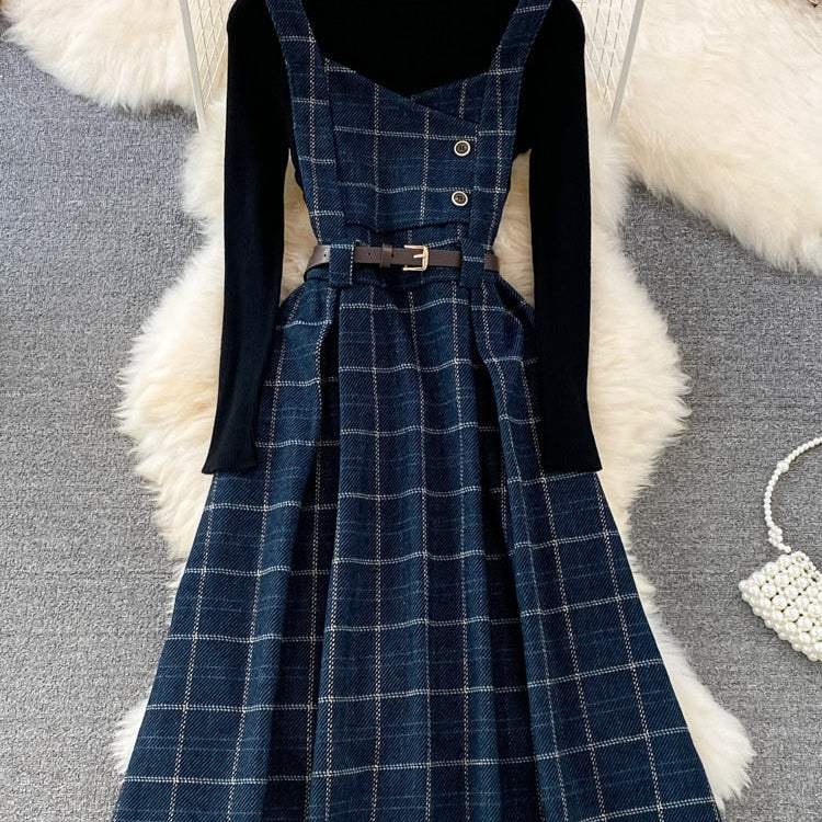 Fall Winter Women Sweater Overalls Dress Sets Casual Knitted Tops +Plaid Woolen Dress 2 Piece Sets Outfits Female