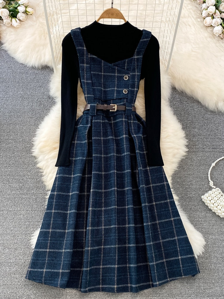 Fall Winter Women Sweater Overalls Dress Sets Casual Knitted Tops +Plaid Woolen Dress 2 Piece Sets Outfits Female