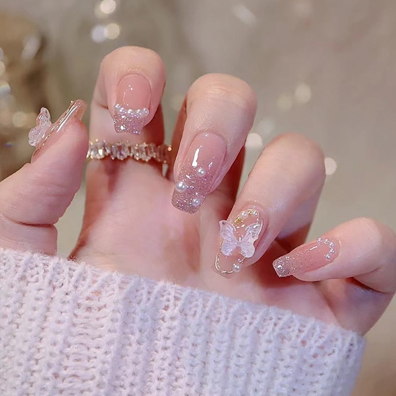 Gradient Fake Nails Press on Nail Diamond Cross Art Long Tips False Forms with Glue Stick Stickers Reusable Set DZ063