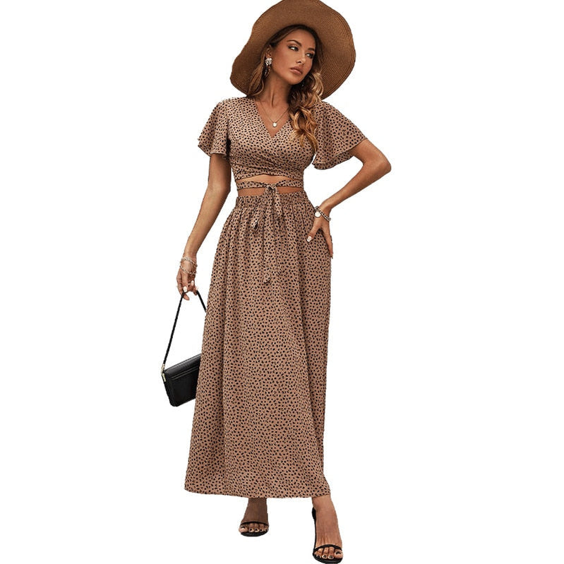 Summer Chiffon Set Woman Two Piece Skirt Set Women Leopard Print Crop Top and Skirt Suits Party Milf 2 Piece Set Outfits Khaki