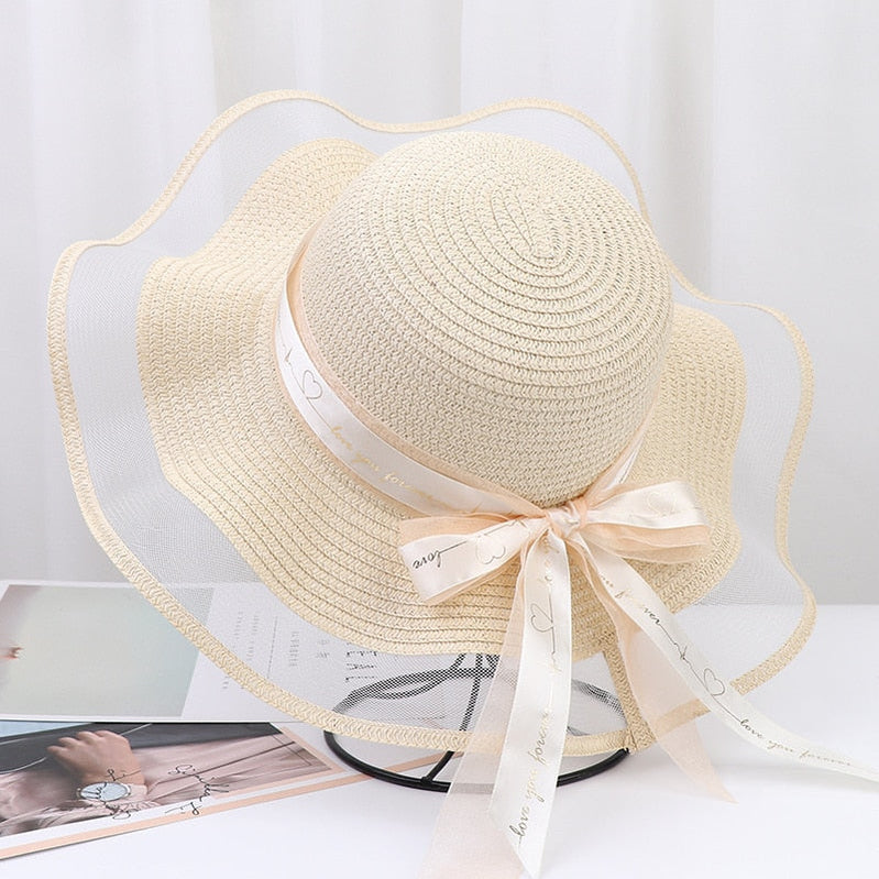Korean Style Woman Straw Hat Bow Ribbon Large Brim Sunshade Ins Outing Fashion Beach Holiday ladies sun Hat Beige 57 cm