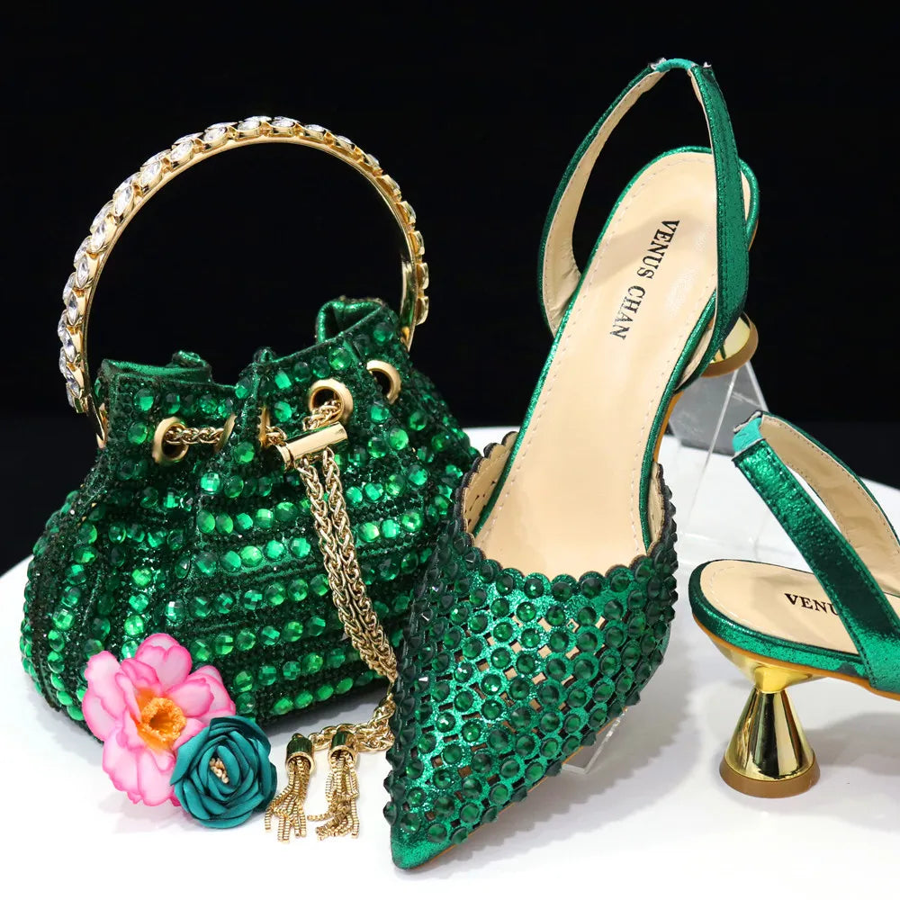 Venus Chan High Heels for Lady Luxury Designer Green Color Full Diamond Pointed Toe Wedding Shoe and Bag Set for Party Green