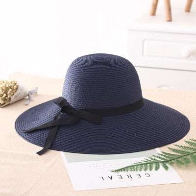 Simple Foldable Wide Brim Floppy Girls Straw Hat Sun Hat Beach Women Summer Hat UV Protect Travel Cap Lady Cap Female navy blue 55-58cm