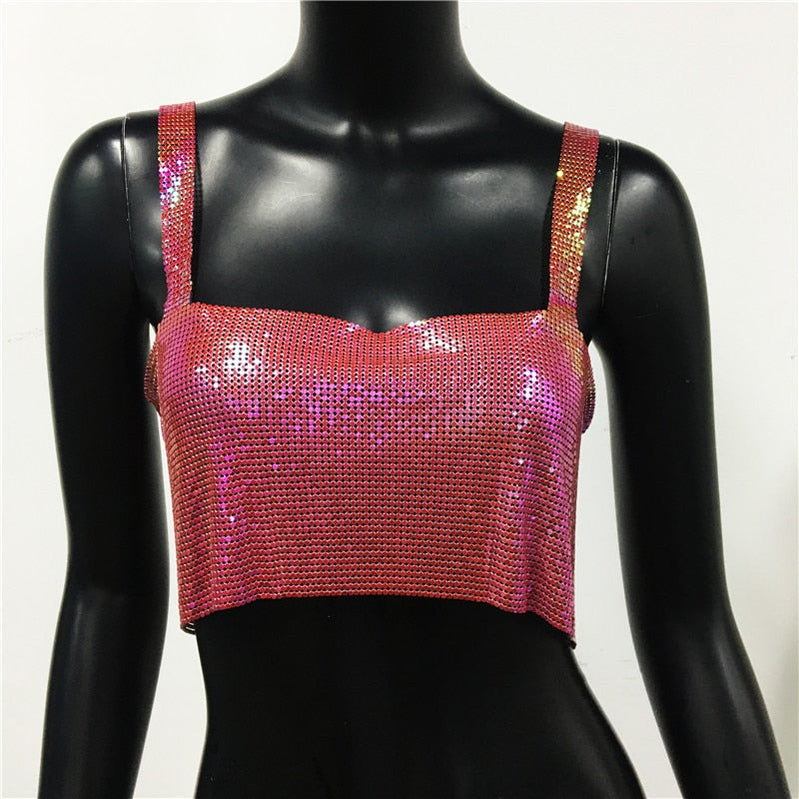 Sexy Metal Sequin Tank Top For Women y2k Summer Beach Backless Crop Top Rave Festival Club Outfits Camisole Illusion Red One Size
