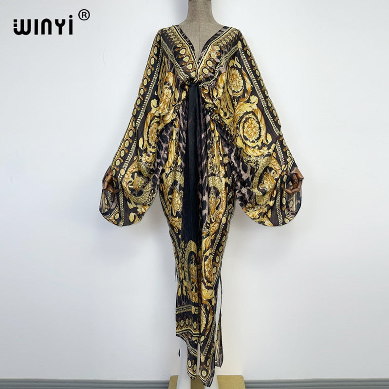 Sexy bech hand-rolled feel silk rayon fashion print Maxi Women's robes long beach V-neck Bohemian dress 21 One Size