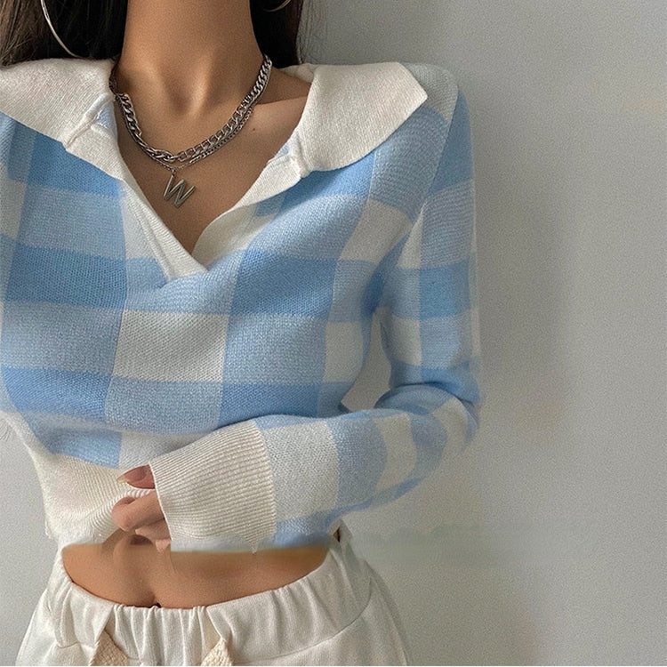 Autumn Winter Vintage Knitwear Crop Tops Women Pullover Sweaters Fashion Female Long Sleeve Elastic Casual Plaid Knitted Shirts
