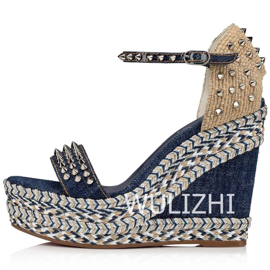 Women&#39;s Dark Black Blue Denim High Wedge Espadarille Metal Stud Heel Sandals Low Platform Mixed Colors Patchwork Appliques Shoes 7.5cm 1