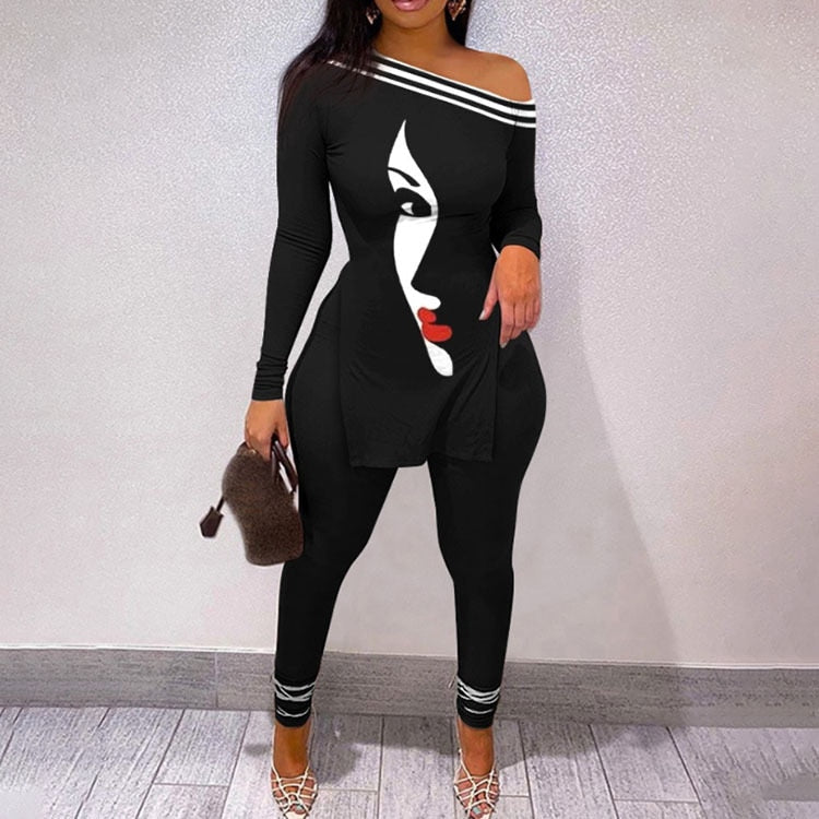 Fall Women Two Piece Sets Outfits Casual Print Side Slit Top And Skinny Pants Tracksuits Fashion Streetwear 2pcs Suits New black 04