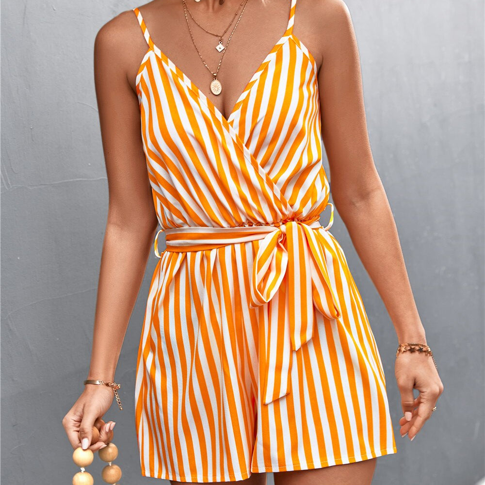 Sexy V-Neck Jumpsuit For Women Casual Stripe Sleeveless Loose Romper Shorts Beach Playsuit Female Outfit