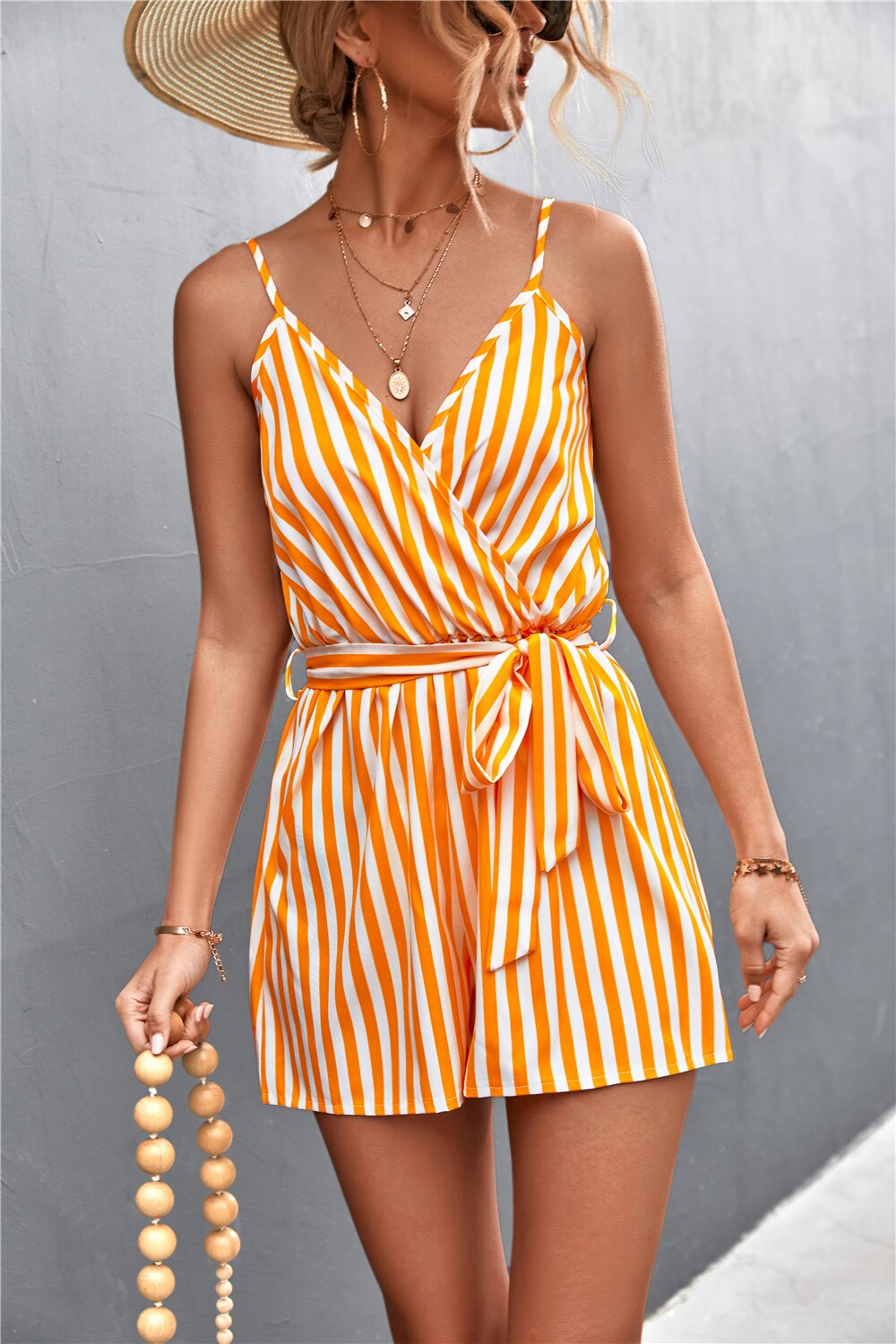 Sexy V-Neck Jumpsuit For Women Casual Stripe Sleeveless Loose Romper Shorts Beach Playsuit Female Outfit