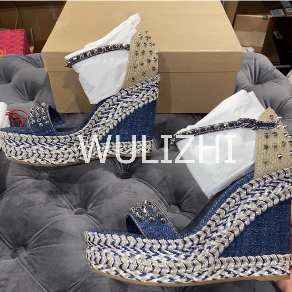 Women&#39;s Dark Black Blue Denim High Wedge Espadarille Metal Stud Heel Sandals Low Platform Mixed Colors Patchwork Appliques Shoes