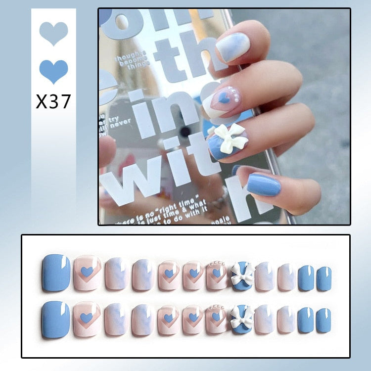 24PCS/Box Bowknot Rabbit Pattern Pearl Short Square Designer Fashion Design French Style Full Covering Pressed Fake Nails