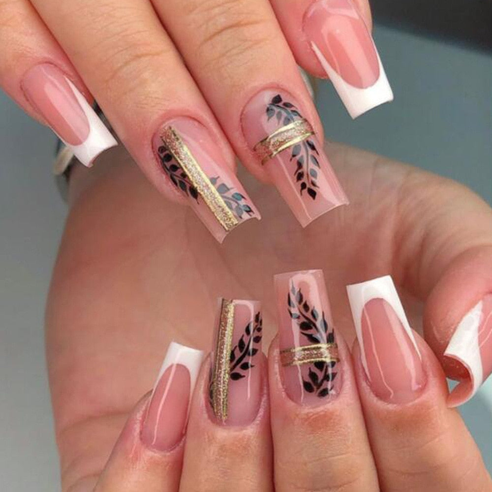 Detachable Manicure Wearable Nail Art Press On Nails purple Glitter French False Nails Long Coffin Fake Nails Full Cover Tips CY327