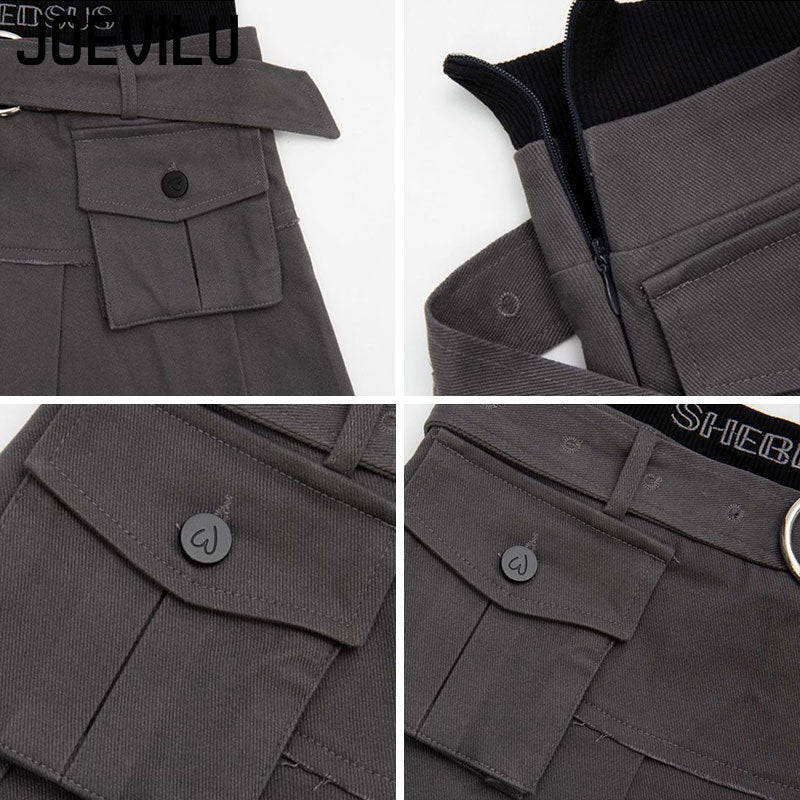 Gothic Skirt Set Polo Neck Waist Strap Off Shoulder Long Sleeve T-Shirt Pleated Denim Skirt 2 Piece Sets Women Outfits Y2k Suit