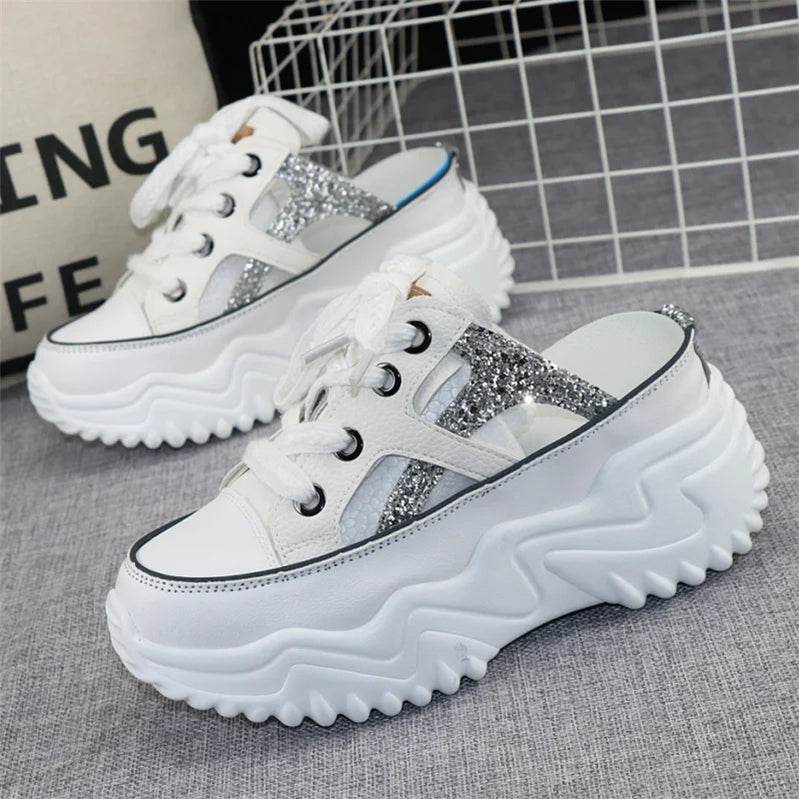 8cm New Glitter Leather Women Chunky Sneakers Platform Wedge Breathable Slippers Comfortable Hollow Summer Shoes