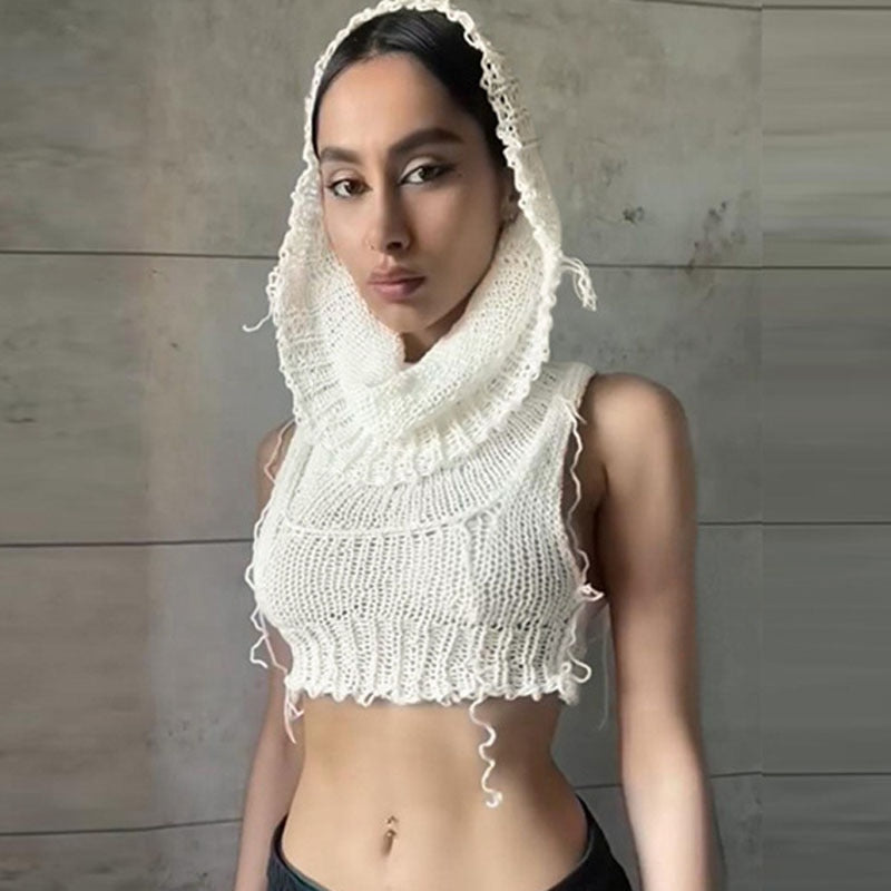 Strickte Y2k Kapuze Crop Top Frauen Sommerhülse vor Schulter T -Shirt Top 2023 Kapuze Tee Street Kleidung Mode weiß Yuqung