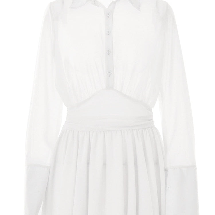 Sexy Women Chiffon Turndown Collar White Ruched Mini Dress Chic Single Breasted Longsleeve Slim Fall Dresses