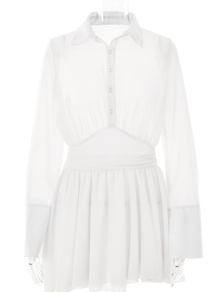 Sexy Women Chiffon Turndown Collar White Ruched Mini Dress Chic Single Breasted Longsleeve Slim Fall Dresses