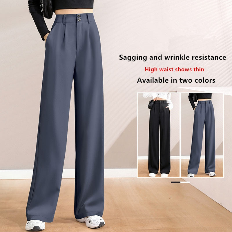 Women'S New High Waist Draping Loose Casual Straight Leg Floor Length Trousers Class Professional Wide Pants