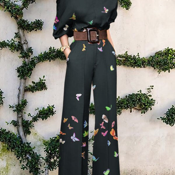 Print Jumpsuit Women Autumn and Spring New Fashion Long Sleeve Lapel Loose Casual Elegance Green Jumpsuits Black
