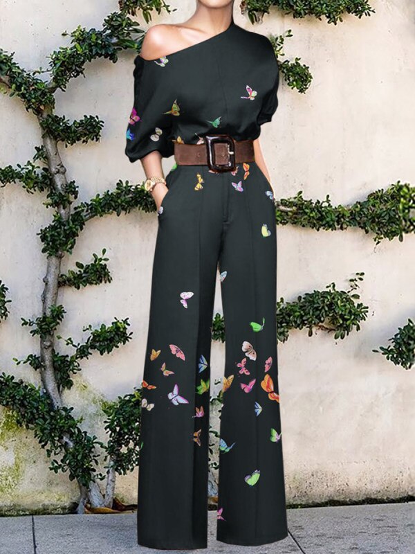 Print Jumpsuit Women Autumn and Spring New Fashion Long Sleeve Lapel Loose Casual Elegance Green Jumpsuits Black