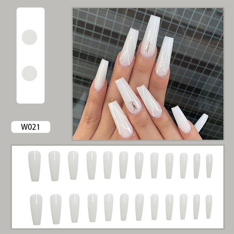 24Pcs/Box White French Fake Nails Press on Long XL Length Rhinestone Design False Nails Full Cover Acrylic Nail Tips JZJ-W021