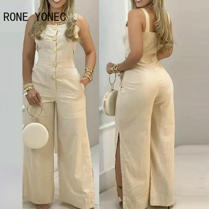 Women Elegant Sexy Solid Thick Straps Button Pocket Sleeveless Straight Silt Casual Jumpsuit