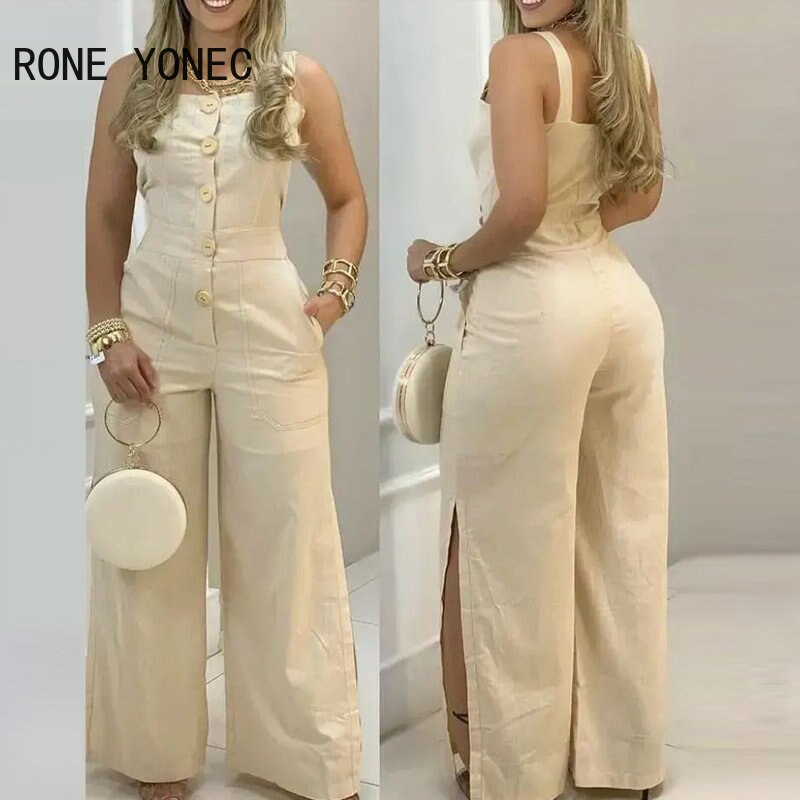 Women Elegant Sexy Solid Thick Straps Button Pocket Sleeveless Straight Silt Casual Jumpsuit