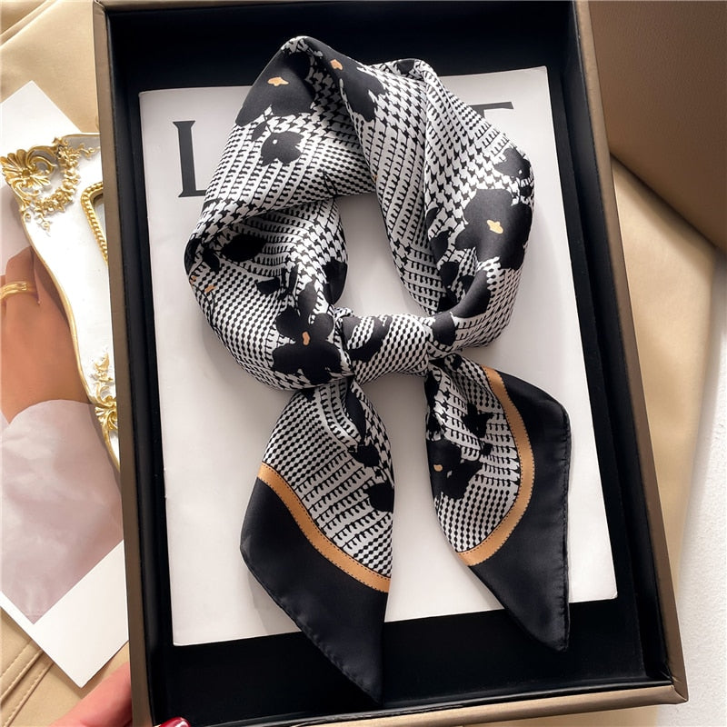 Fashion Hair Scarf for Women Decor Headband Ribbon Satin Silk Square Scarves Lady Wrist Wrap Shawls Design Bandana Foulard FJ706-4