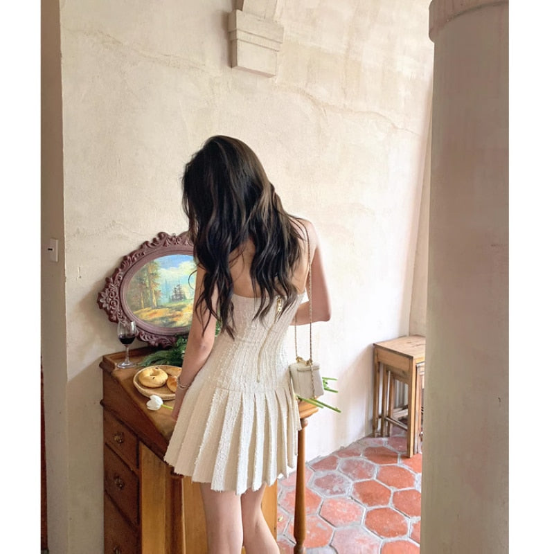 Womens Dresses Summer Gold Button Tweed Halterneck Strap Dress Korean Style A-line Elegant Party Evening Dress Mini Dress