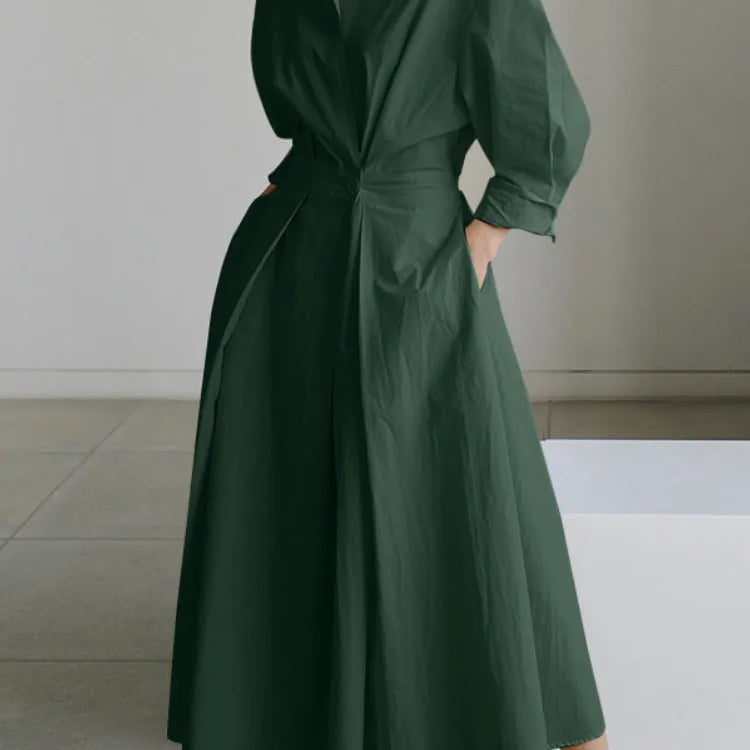 S-5XL Korean Fashion Long Sleeve Shirt Dress Chic Turndown Neck Ruched Maxi Dress Women Autumn Winter Clothes Streetwear green