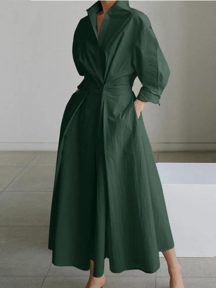 S-5XL Korean Fashion Long Sleeve Shirt Dress Chic Turndown Neck Ruched Maxi Dress Women Autumn Winter Clothes Streetwear green