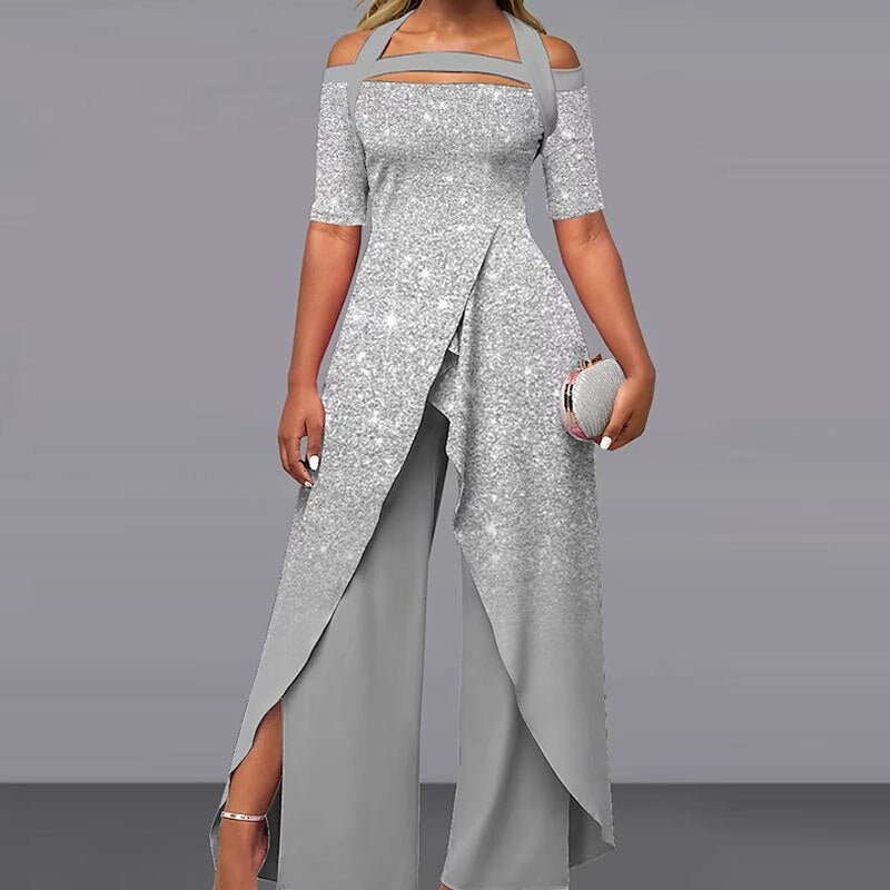 Elegant Pattern Print Short Sleeve Long Jumpsuit Women Chic Backless Lace-up Irregular Overall Fashion Female Split Romper 04 Silvery