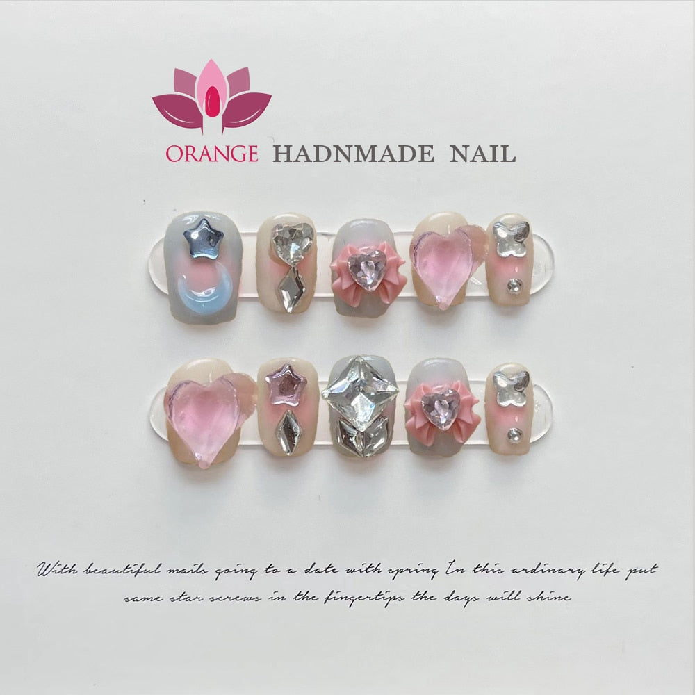 Handmade Korea Press on Nails Coffin Reusable Decoration Fake Nails Full Cover Artificial Manicuree Wearable Orange Nail Store Spain