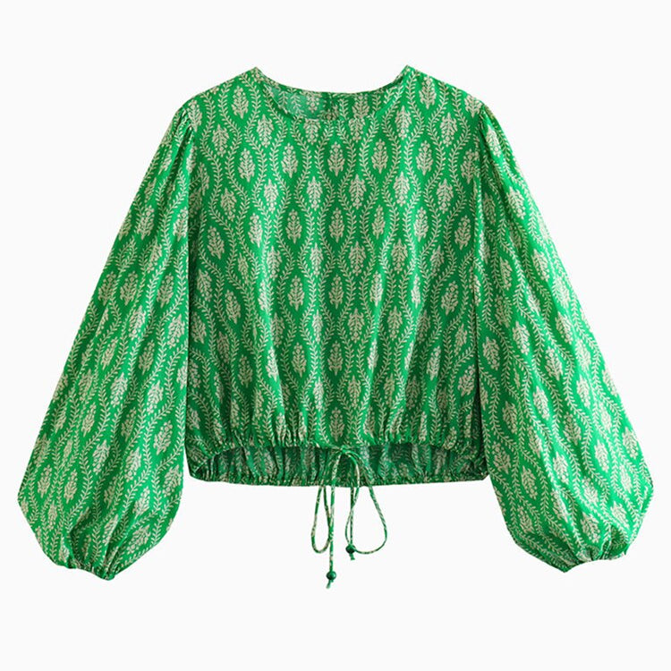 Autumn Vintage Floral Printed Long Pants Suits For Women Tied Hem Crop Top Wide Leg Loose Pants Female 2 Piece Sets Outfits Green top TZ167