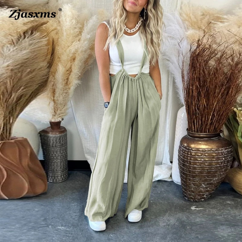 Women Casual Sling All-Match Jumpsuits Retro Female Wide Leg Pants Pockets Overalls Fashion Summer Loose Streetwear Rompers
