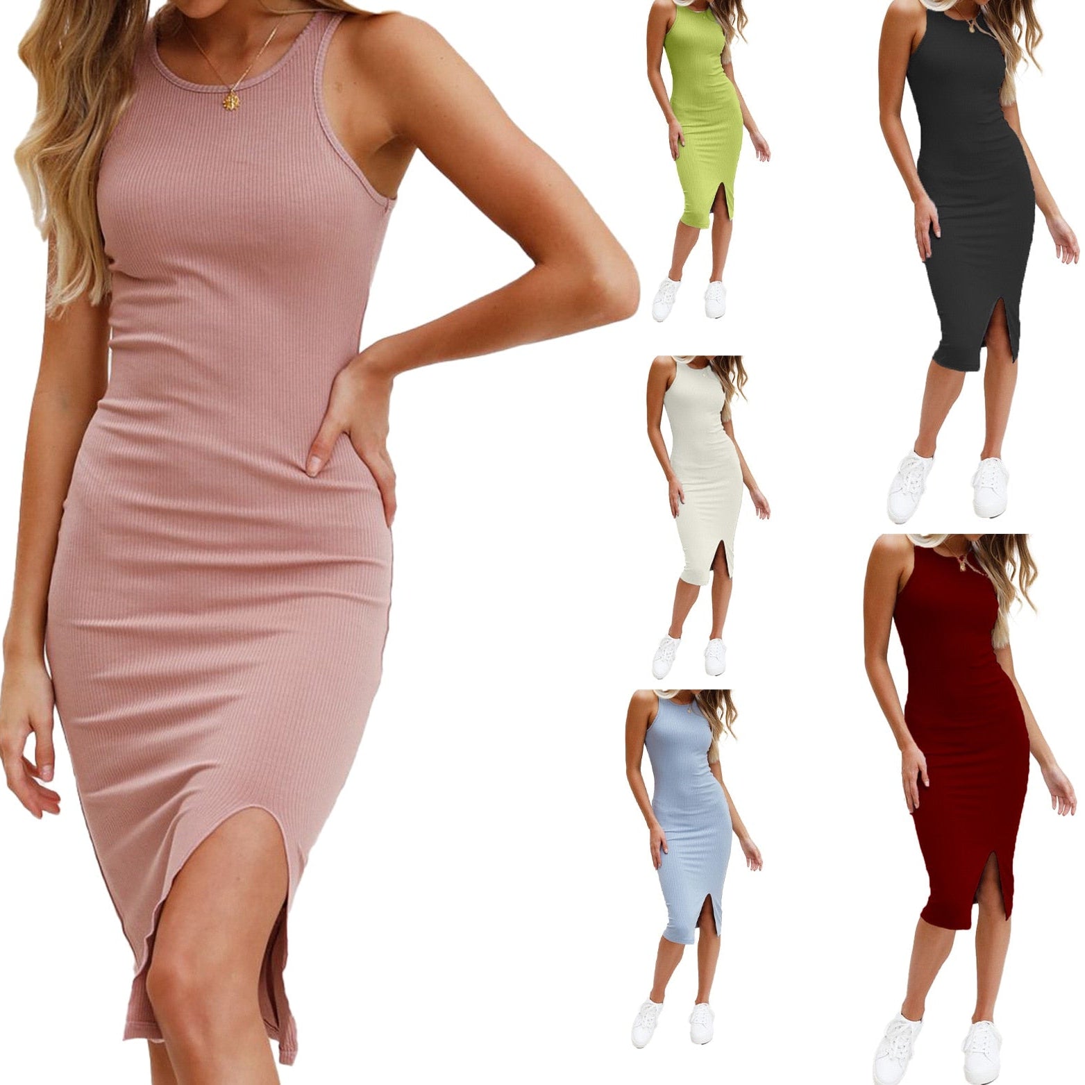 Abito in maglia solido donna estate sexy bodycon senza maniche spaghetti cinturino da spiaggia abiti midi abiti a matita elegante 2023