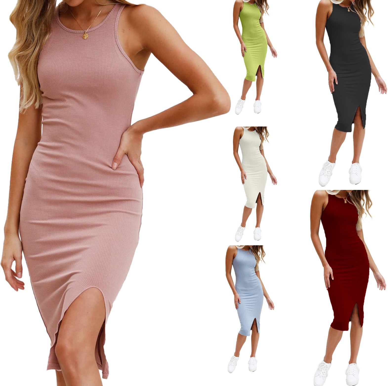 Solid Knit Dress Women Summer Sexy Bodycon Sleeveless Spaghetti Strap Beach Party Midi Dresses Pencil Dress Elegant 2023