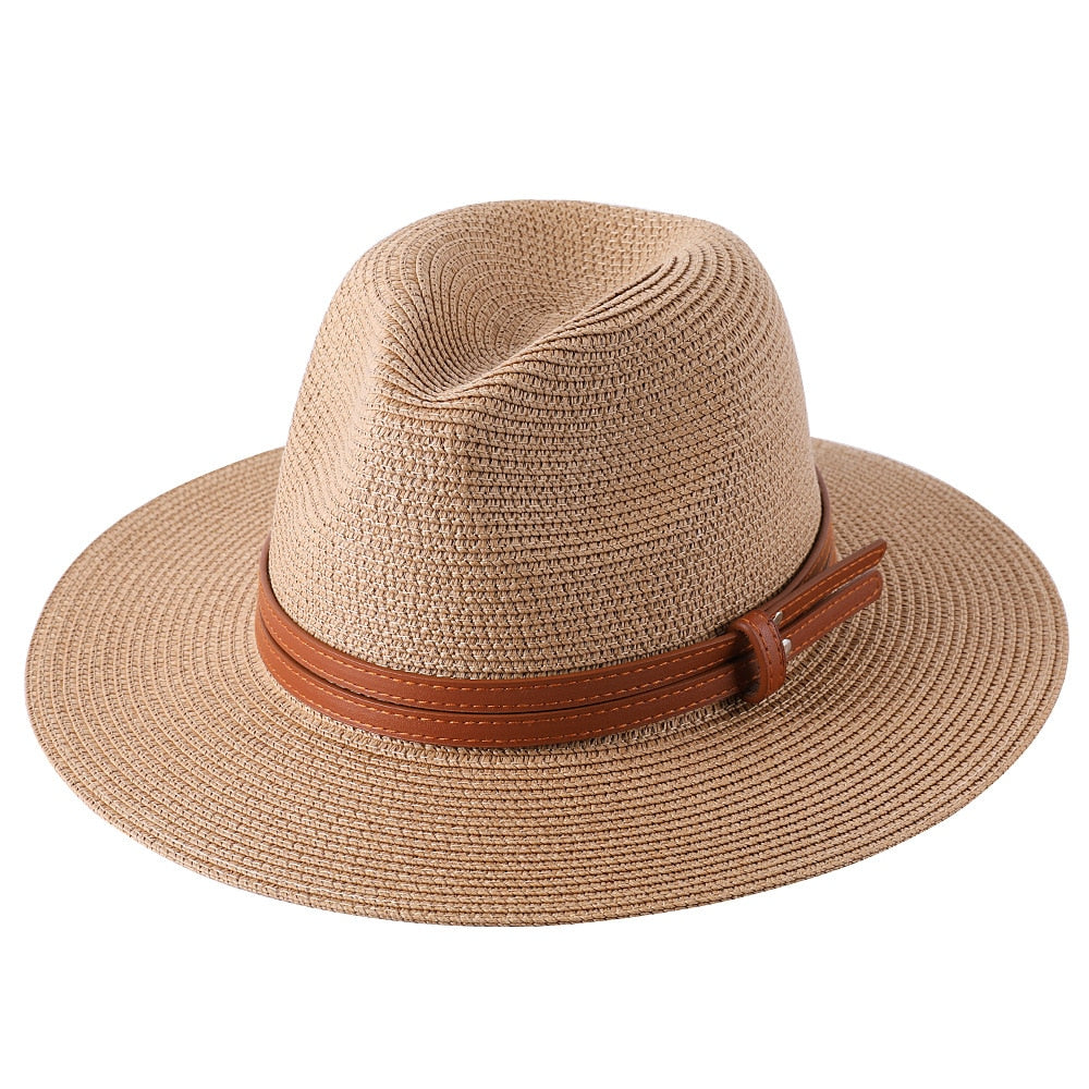 56-58-59-60CM New Natural Panama Soft Shaped Straw Hat Summer Women/Men Wide Brim Beach Sun Cap UV Protection Fedora Hat Khaki01