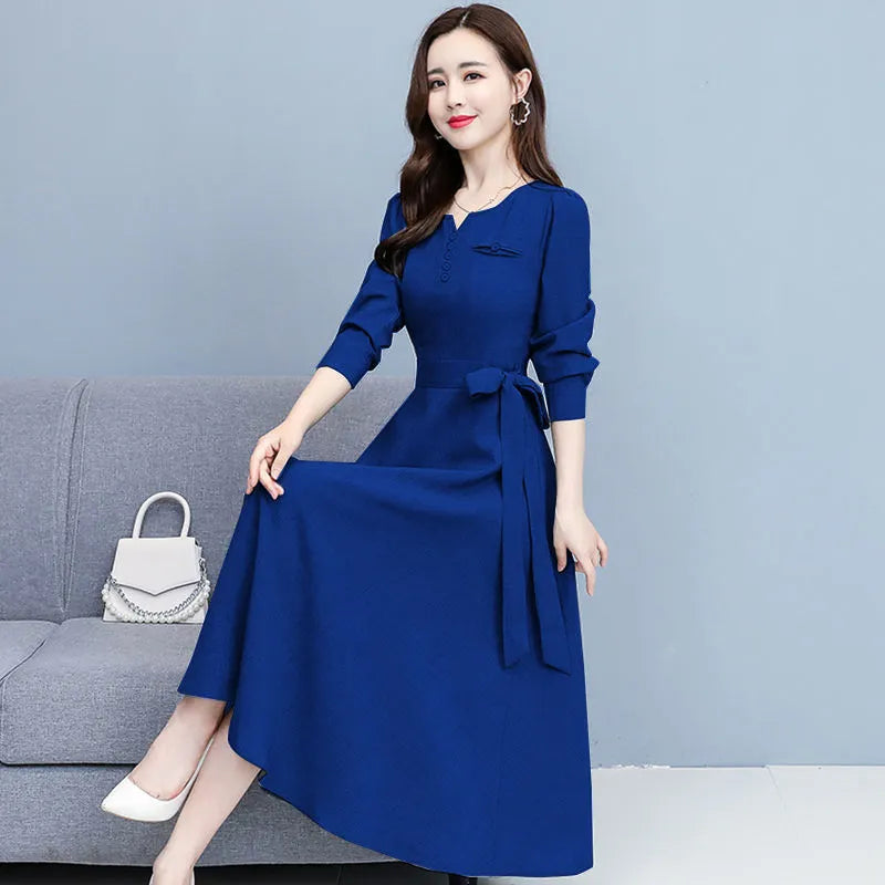V-neck Elegant Fashion Long Sleeve Button Elastic Waist Belt Dress Comfortable Simple Solid Color Autumn Women's Clothing royal blue