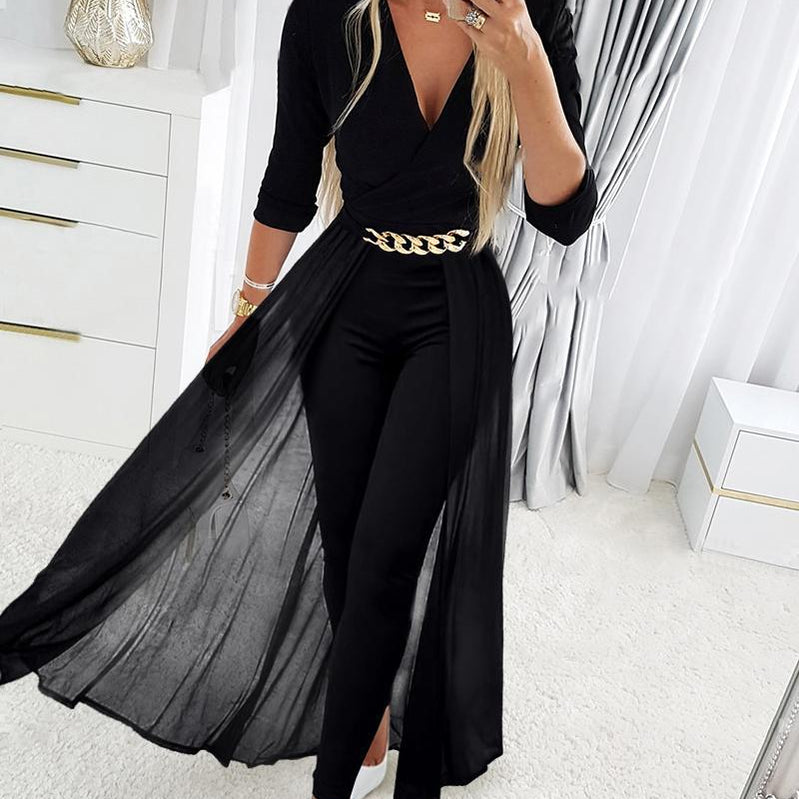 Deep V Neck Mesh Long Sleeve Jumpsuit One Piece Overall Women Black Elegant Rhinestone Chain Glitter Party Night Sexy Bodysuits B