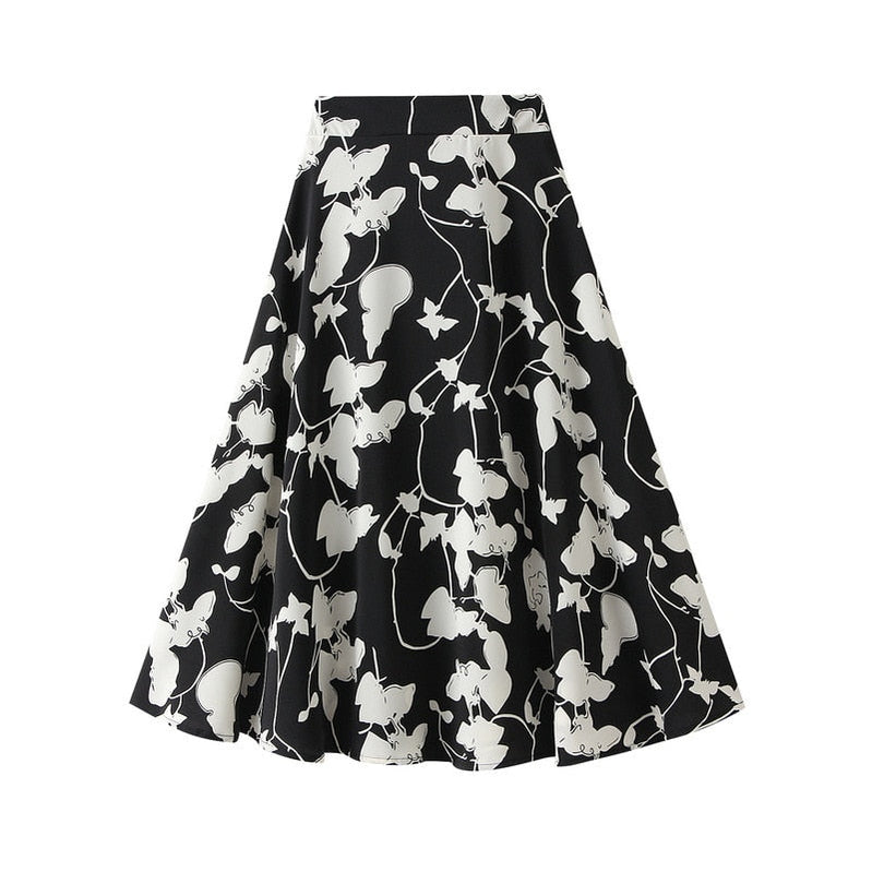 Willow Flower Chiffon Floral A- line Skirt Women's Spring Summer 2023 New High Waist Printed Long Skirt Female Black One Size