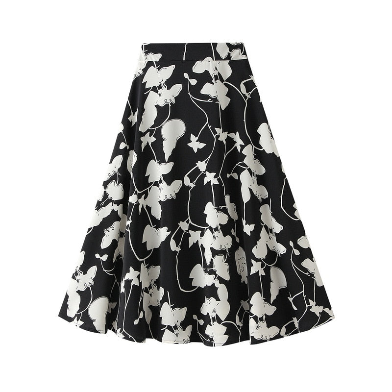 Willow Flower Chiffon Floral A- line Skirt Women's Spring Summer 2023 New High Waist Printed Long Skirt Female Black One Size