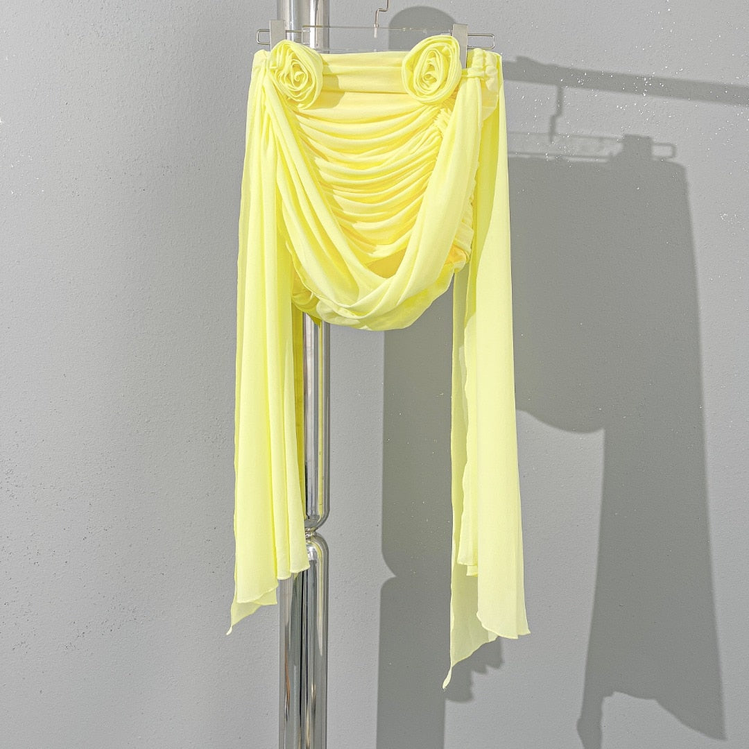 Romantic 3D rose pleated tank top fashionable and sexy y2k single side slim waist short section Top women summer new Yellow
