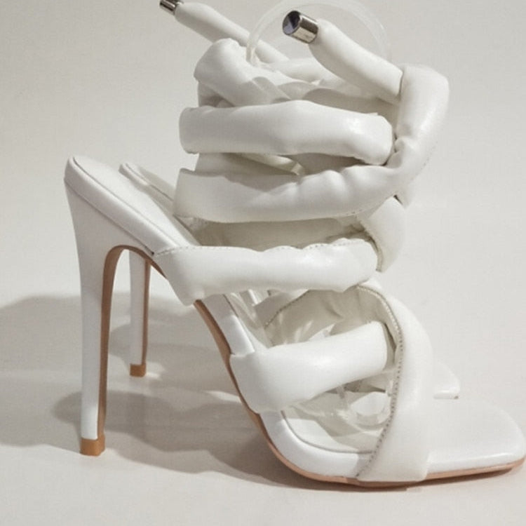 Summer Square Head Slim High Heel Sandals Wrapped Around The Feet Fashion Show Dress 43 Large Women's Sandals White