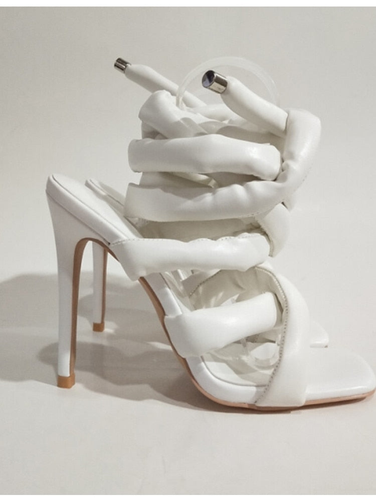 Summer Square Head Slim High Heel Sandals Wrapped Around The Feet Fashion Show Dress 43 Large Women's Sandals White