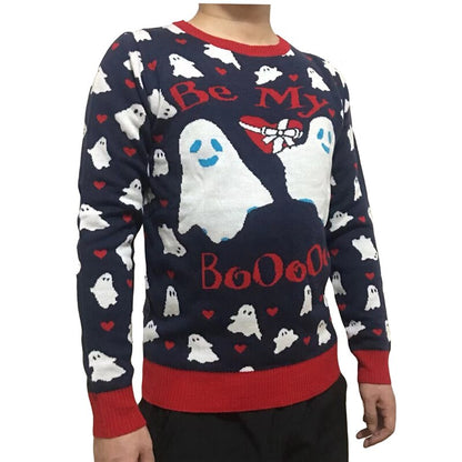 Unisex Cute Knit Funny Be My Boo Ghost Pattern Crewneck Navy Blue Funny Men and Women Ugly Halloween Sweater