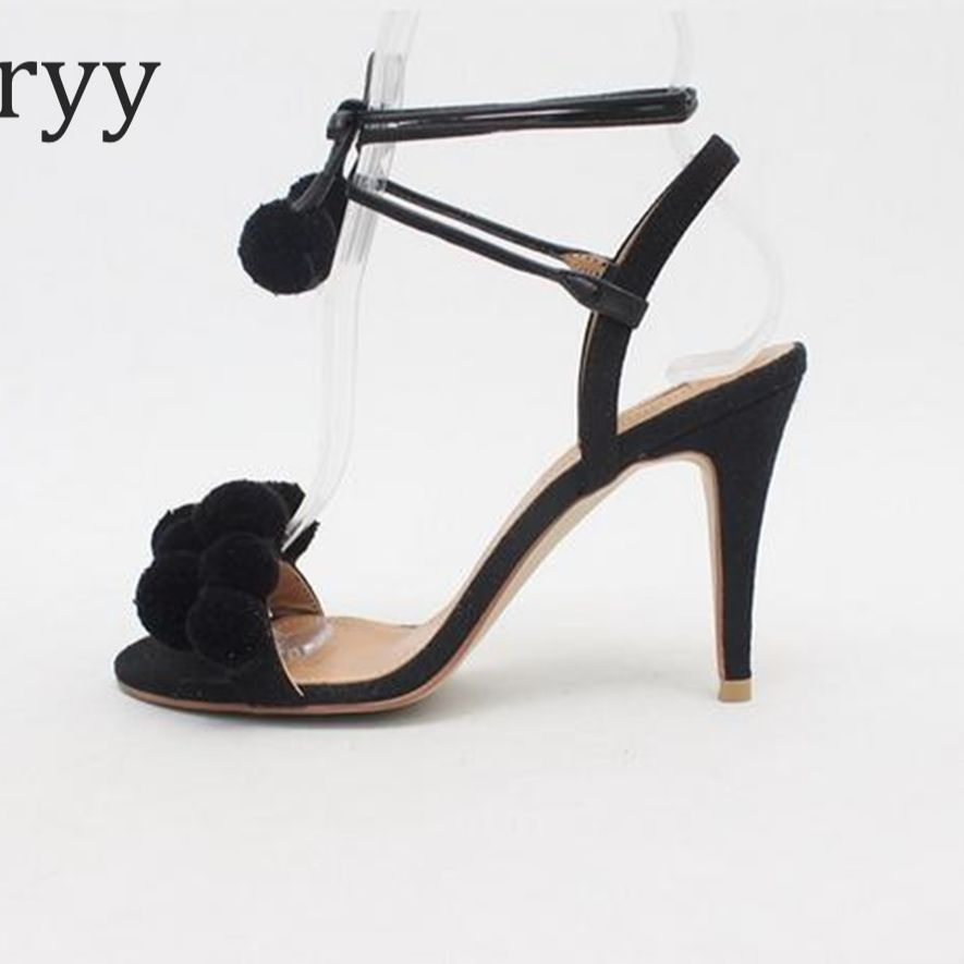 Colorful Fur Ball Strappy Sandals Summer Cute Roman Women's Shoes Red Temperament Pointy Toe Open-toed Strappy High Heels 41