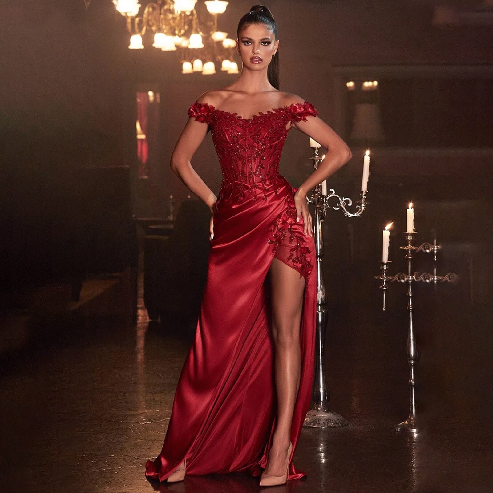 Luxury Lace Appliques Prom Dress Cap Sleeve Long Party Gown With Satin Train Sexy Side Slit Off-Shoulder Evening Dresses Hot-Red
