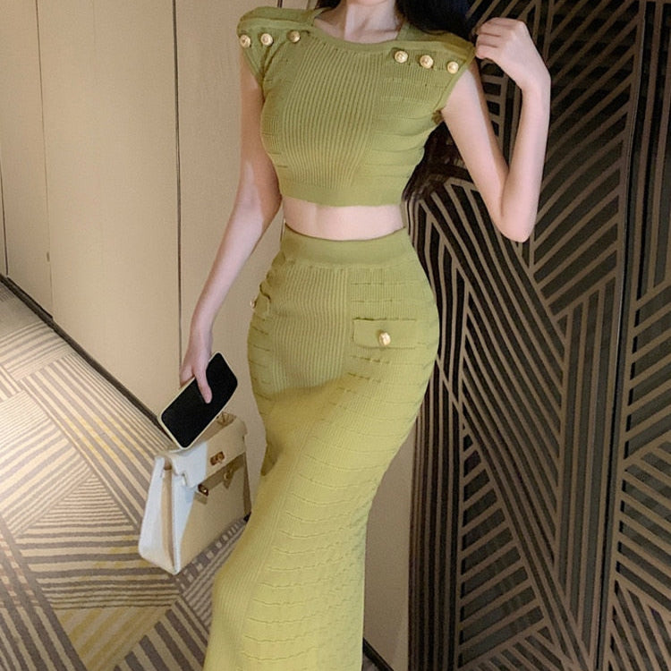 Knitted Two Piece Set For Women Sexy Crop Top + Bodycon Long Skirt Suits Beach Holiday Summer 2 Piece Sets Women Outfit Green One Size
